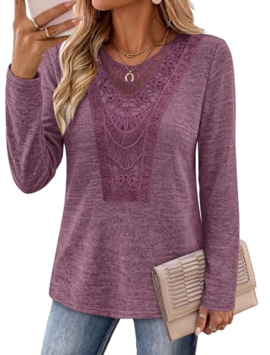 Women's Tops Tees & Blouses Fall Tunics Lace Long Sleeve Shirts Maroon 3XL (3X-Large / Maroon)