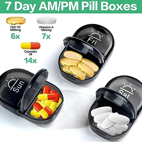 Weekly Travel Pill Organizer 2 Times a Day AM PM Black Pill Box (B Pu Black 01 / 1 Set PU Case)