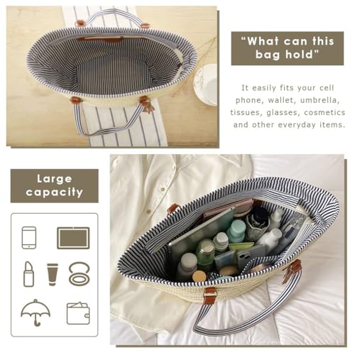 Large Beach Tote Bag with Zipper Straw Handbags for Women Summer Woven Shoulder Bag for Holiday Shopping Travel (Beige)