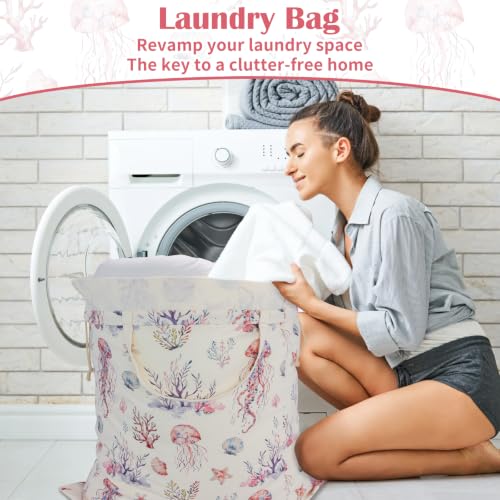 Canvas Laundry Bag with Handles & Drawstring 30"Wx35"H (Dreamy Jellyfish L+ / L+ 30"Wx 35"H┃1 Pack)