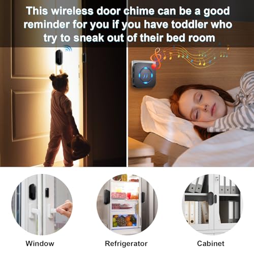 Door Chime Alarm When Open for Kids Safety (Black 4 Sensors +2 Receiver)
