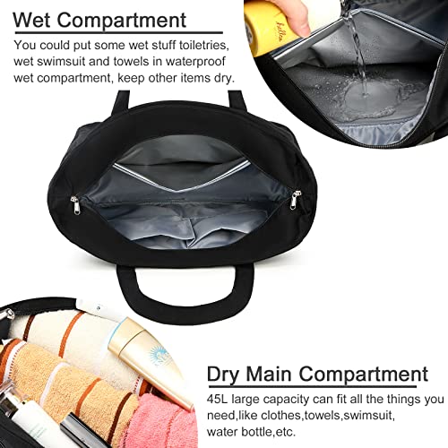 Beach Bag Waterproof Sandproof Women Tote Bag Pool Bag with Zipper for Gym Grocery Travel with Wet Pocket (Black)