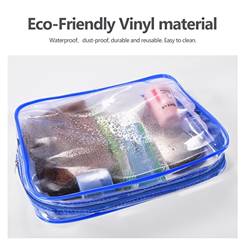 3Pcs Crystal Clear PVC Travel Toiletry Bag Kit for Women Men (1 Large, 1 Medium, 1 Small-Blue / 3 Piece Set)