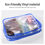3Pcs Crystal Clear PVC Travel Toiletry Bag Kit for Women Men (1 Large, 1 Medium, 1 Small-Blue / 3 Piece Set)