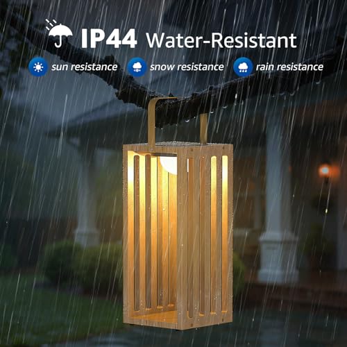 Solar Lantern Outdoor Waterproof IP44 Outside Lights LED for Patio Garden Decor Porch Yard Table Top Decorative (Wood)
