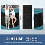 Cotton Flannel Double Sleeping Bag for Adults Machine Washable 2 Person Camping Sleeping Bag Queen Size Waterproof with Compression Sack for Cold Weather 3 (CYAN / Flannel)
