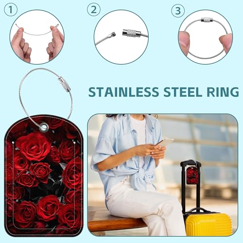 2 Pack Cute Luggage Tag for Suitcases Dark Red Roses Leather Luggage Tags with Stainless Steel Loop Privacy Flap Name Tags (Dark Red Roses)