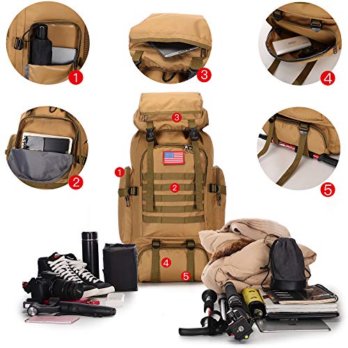 70L Camping Hiking Backpack Tactical Backpack Military Molle Rucksack Backpack for Outdoor (Khaki)