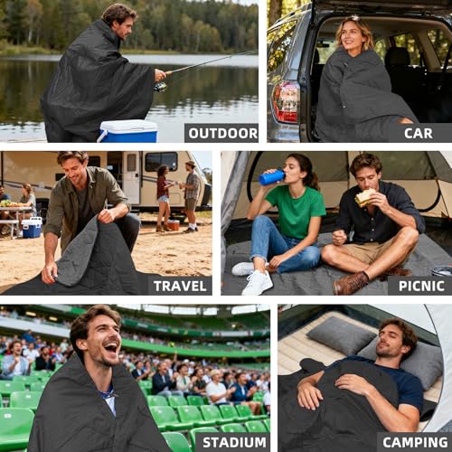 Large Waterproof Outdoor Blanket Thick Fleece 80" x 58" (Black Gray-b)