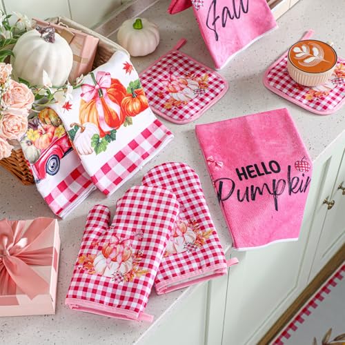 10 Pcs Fall Thanksgiving Pumpkin Kitchen Decor Set Pink (Light Pink / Cute Pumpkin)