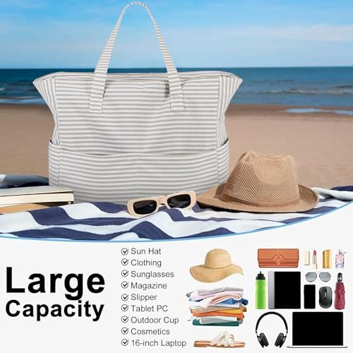 Beach Bag Sandproof Women Tote Bag Pool Bag with Zipper for Gym Grocery Travel with Wet Pocket (Khaki Stripe)