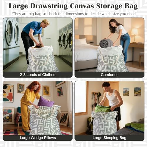 Canvas Laundry Bag with Handles & Drawstring 30"Wx35"H (Geometry Light Gray L+ / L+ 30"Wx 35"H┃1 Pack)