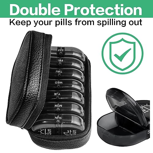 Weekly Travel Pill Organizer 2 Times a Day AM PM Black Pill Box (B Pu Black 01 / 1 Set PU Case)