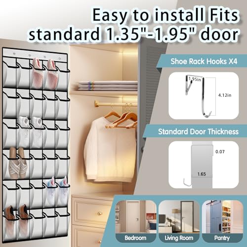 Over the Door Shoe Organizer with 30 Breathable Mesh Pockets (Snow White)