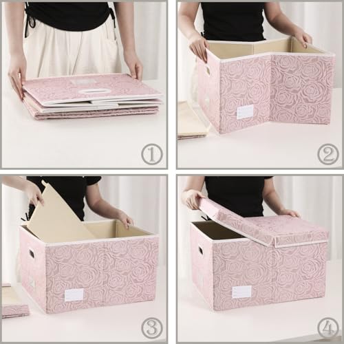 Jumbo Collapsible Storage Boxes with Lids Fabric Decorative Storage Bins Cubes Organizer Baskets with Cover Handles Divider for Bedroom Closet Living Room 23.2x15.7x11.8 Inch 3 Pack (Pink / XX Large(3-Pack))