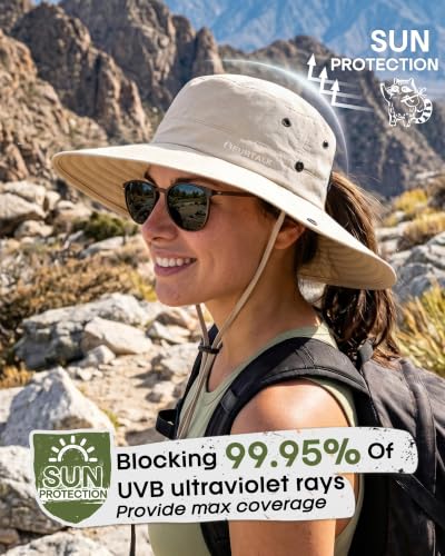 Sun Hats for Women Wide Brim Bucket Hat Ponytail Hole Outdoor UPF (Beige)