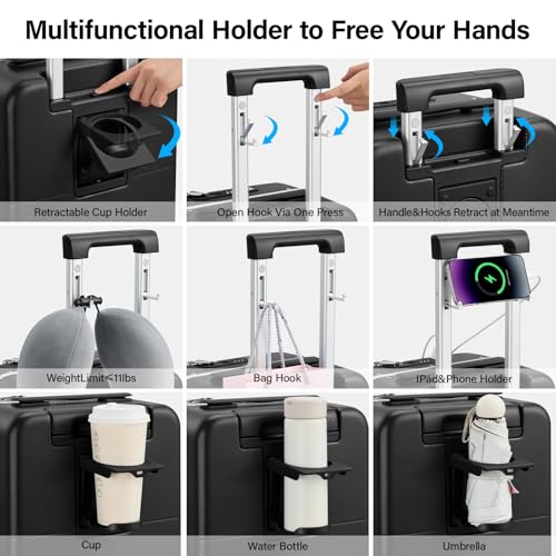 20 Inch Carry On Luggage with Cup Holder and USB Ports (Jet Black / Non-Expandable 20 Inch)