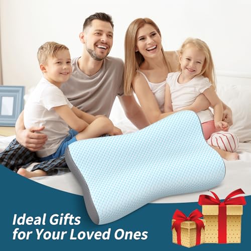Neck Pillow Contour Memory Foam Pillows for Pain Relief Bed Pillow for Sleeping (Light Blue)