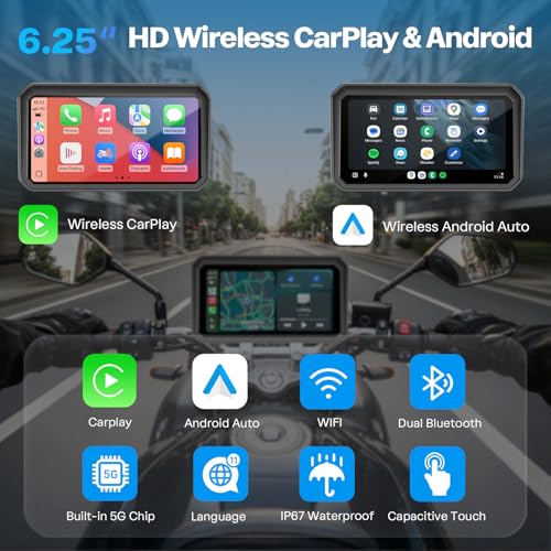6.25 Inch Wireless Motorcycle Carplay GPS Navigation System with Apple Carplay and Android Auto Portable Screen with Dual Bluetooth (6.25 Inch+Magnetic Mount)