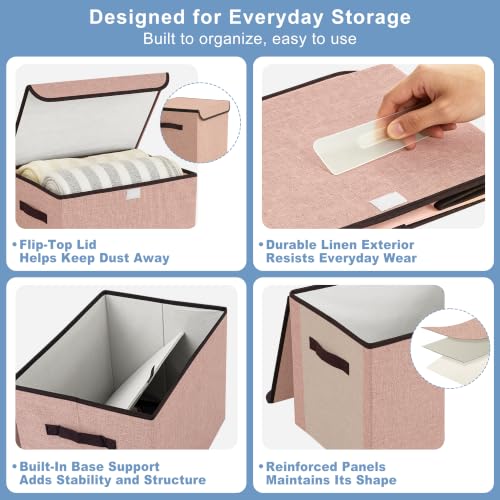 Linen Fabric Foldable Storage Cube Bin Organizer Basket with Flip (Pink / Medium - 4 Pack)
