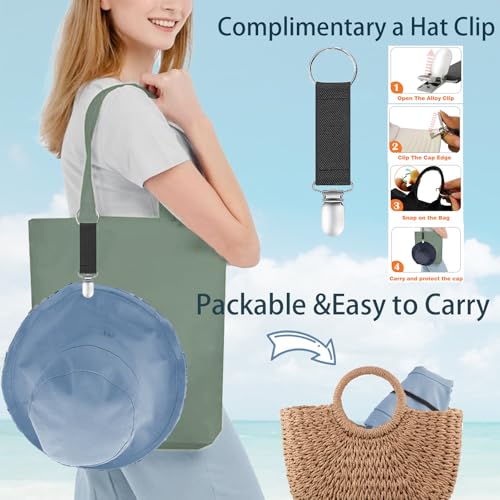 Womens Sun Hats Wide Brim Reversible Bucket Cotton Hat Packable Summer Travel Cap with Hat Clip (Medium / Medium-beige+blue)