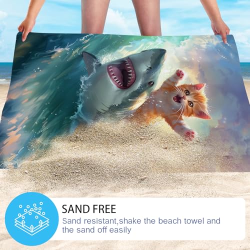 Cute Cat Beach Towel (Cat Ride Shark)
