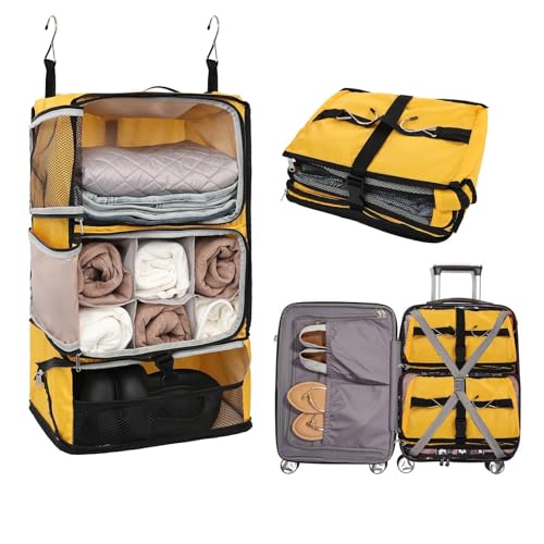 Travel Portable Hanging Shelves Closet Organizer Packing Luggage Storage with Multifunctional and Foldable Invisible Compartment (Yellow / X-Large)