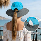 Ponytail Sun Bucket Hats for Women UV Protection Foldable Wide Brim (1-blue)