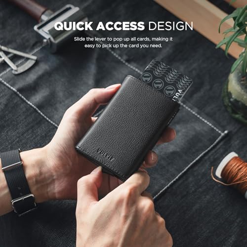 Pop up Card Wallet Minimalist Cash Wallets RFID Blocking Leather Smart Credit Card Holder with ID window for Men (Top-Grain Cowhide Litchi Black)