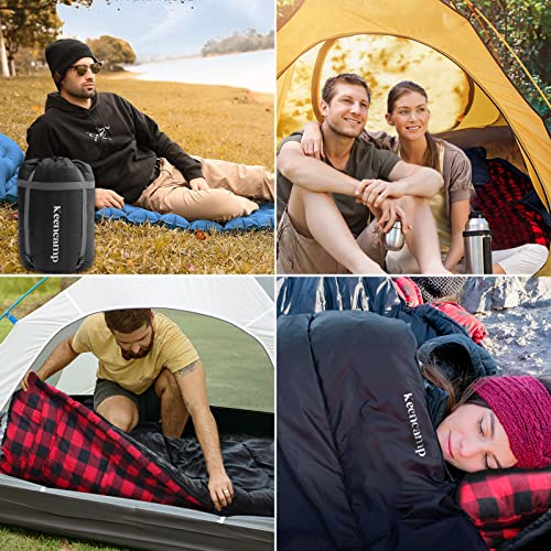 0 Degree Sleeping Bag Cotton Flannel Winter Cold Weather for Adults XXL Sleeping Bag 4 Season Big and Tall with Pillow Compression Sack (Black_R)