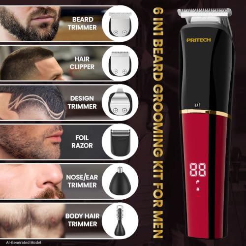 6-in-1 Men's Grooming Kit, Cordless Beard Trimmer, Hair, Nose & Ear (Red)
