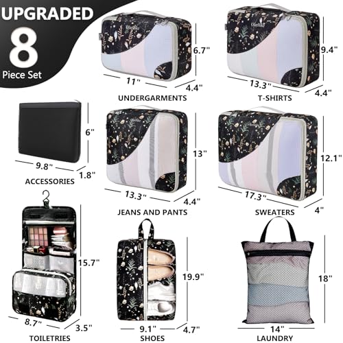 Packing Cubes for Travel (14 Black Flower)