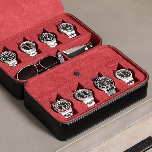 8 Watch Travel Case Storage Organizer for 8 Watches (Black/Red)