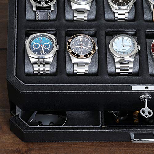 12 Slot Leather Watch Box with Valet Drawer (Black / Grey)