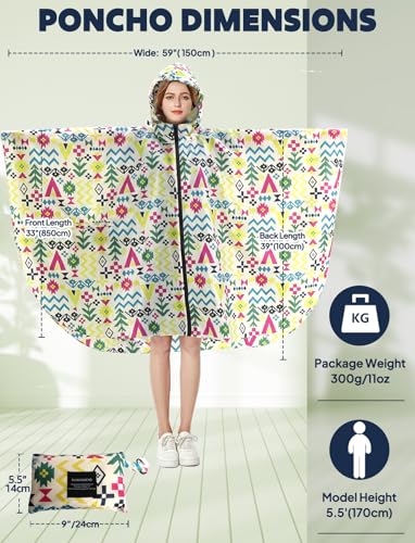 Waterproof Rain Poncho for Women Packable Hooded Raincoat with Pocket (F Geometry)