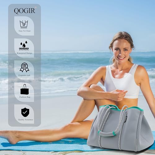 Neoprene Multipurpose Beach Bag Tote Bag (Grey and Green / Large)