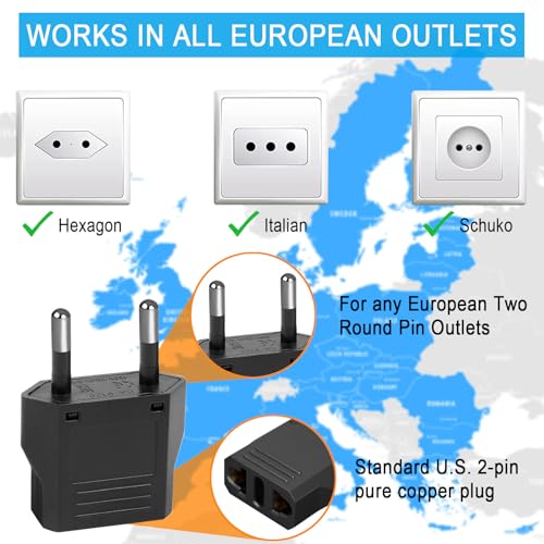 6 Pack US to European Travel Plug Adapter (6 Pack Black)