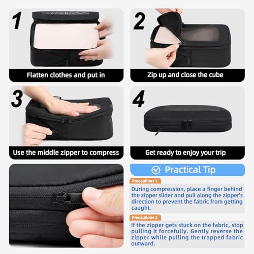 4 Set/6 Set/8 Set Compression Packing Cubes Travel Accessories Expandable Packing Organizers (Square Mesh, 05-Jet Black) (05-Jet Black / Square Mesh)
