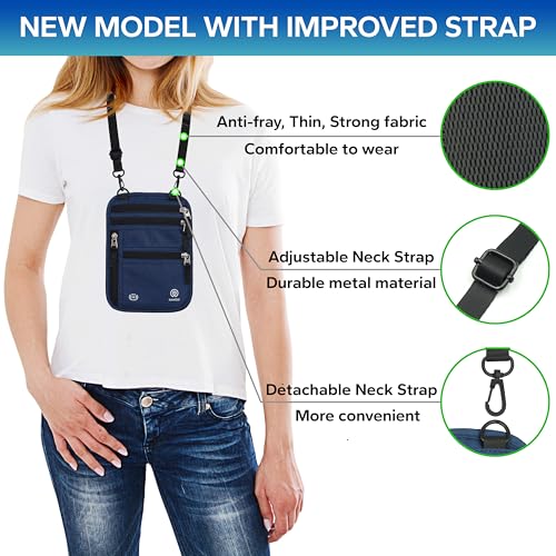 Neck Wallet Travel Pouch and RFID Blocking Passport Holder for Women and Men (Navy)