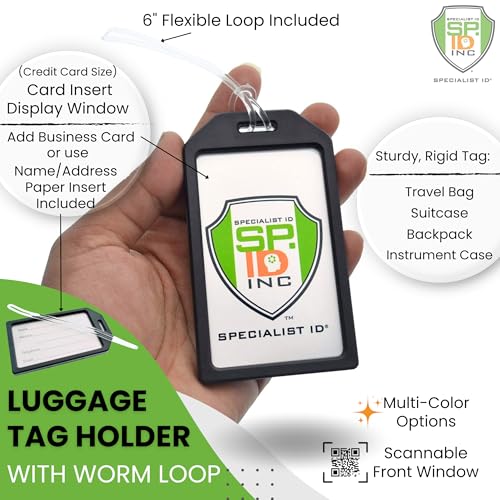 5 Pack Premium Rigid Airline Luggage Tag Holders with 6" Worm Loops (5 Pack / Black)