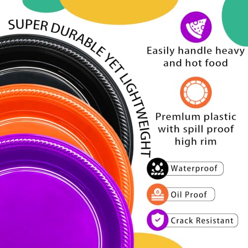100 Count 10 Inch Halloween Plastic Plates Colored Party Disposable Plates (Black/Orange/Purple / 100 Pcs)