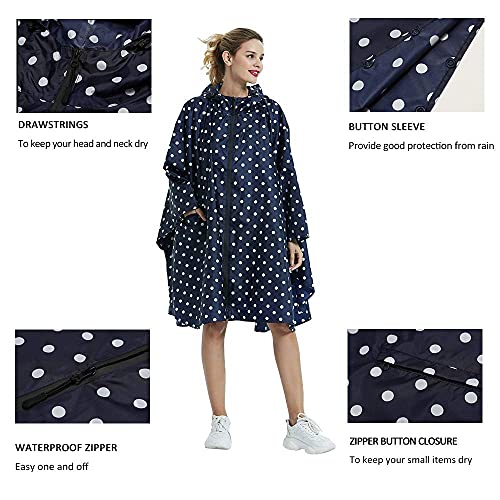 Rain Poncho Jacket Coat Hooded Zipper Style for Women (One Size / Blue-dot)