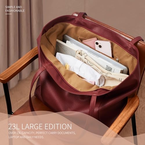 Large Tote Bag Vegan Leather Casual Zipper Work Bag Weekender Hobo for Women 27L Oversize Shoulder Travel Purse (Wine Red)