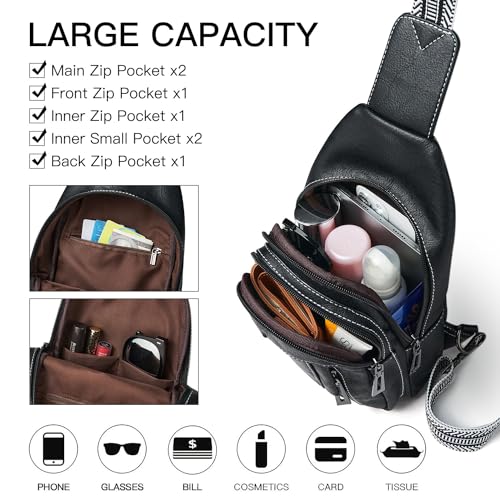 7L Sling Bag for Women Men Leather Small Sling Backpack Daypack Anti Theft Fanny Pack Crossbody Purse Travel (Regular Size-black)