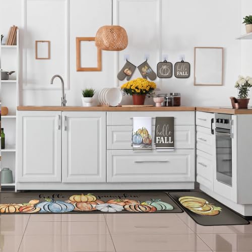 10 Pcs Fall Pumpkin Kitchen Decor Set Kitchen Towels Pot Holders Oven Mitts and Rugs Set Thanksgiving Towels for Baking Cooking BBQ Autumn Home (Light Brown / Minimalist Style Pumpkin)