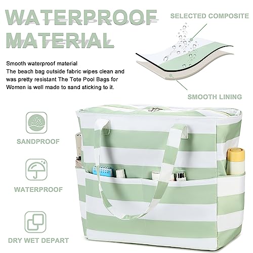 Waterproof Beach Tote Pool Bags for Women Ladies Extra Large Gym Tote Carry On Bag With Wet Compartment for Weekender Travel (Sage Green Stripe)