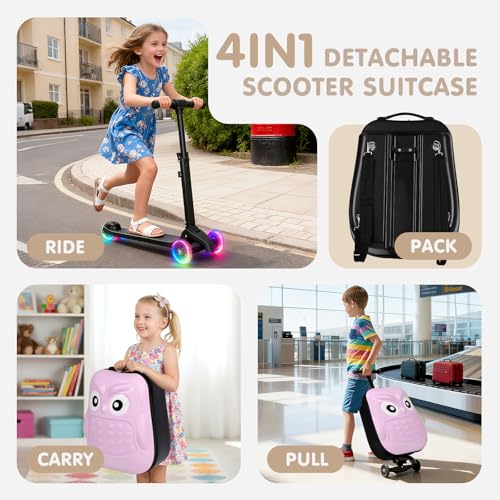 Detachable Scooter Suitcase for Kids & Teens (Pink Owl / 22-inch)