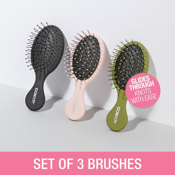 Conair Detangling Mini Hair Brush Set, 3-Pack Detangler Brushes for Wet or Dry Hair, Detangler for All Hair Types, Hair Brushes for Women, Travel Size, Matte Pink, Green, Black