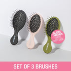 Conair Detangling Mini Hair Brush Set, 3-Pack Detangler Brushes for Wet or Dry Hair, Detangler for All Hair Types, Hair Brushes for Women, Travel Size, Matte Pink, Green, Black