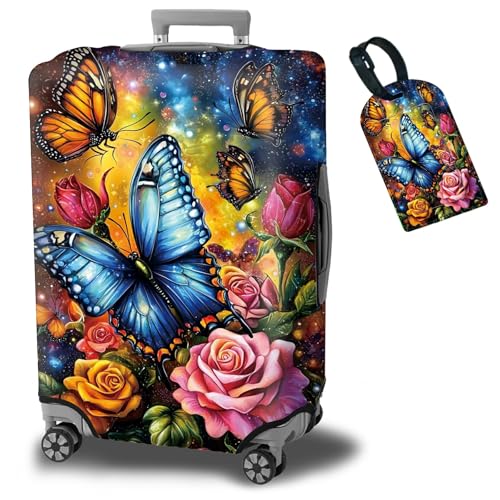 Suitcase Protector Plus 1 Luggage Tag (Colorful Rose Butterfly / L)